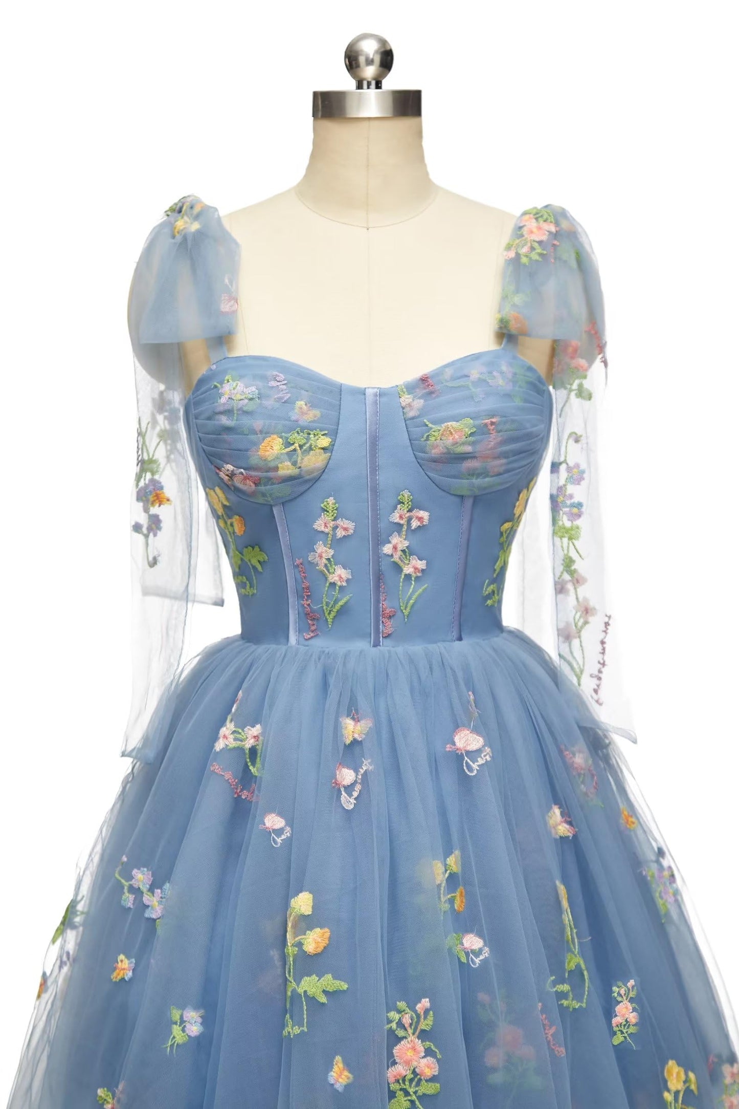 Blue Floral Corset A-line Homecoming Dress with Tie Shoulders