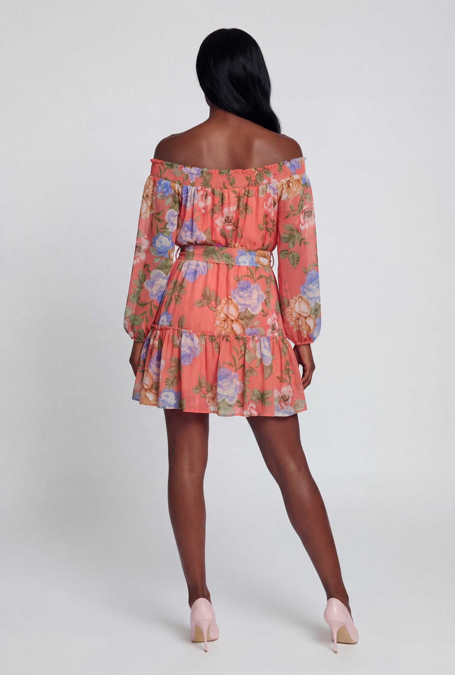 Floral Off The Shoulder Tie Waist Belted Mini Dress