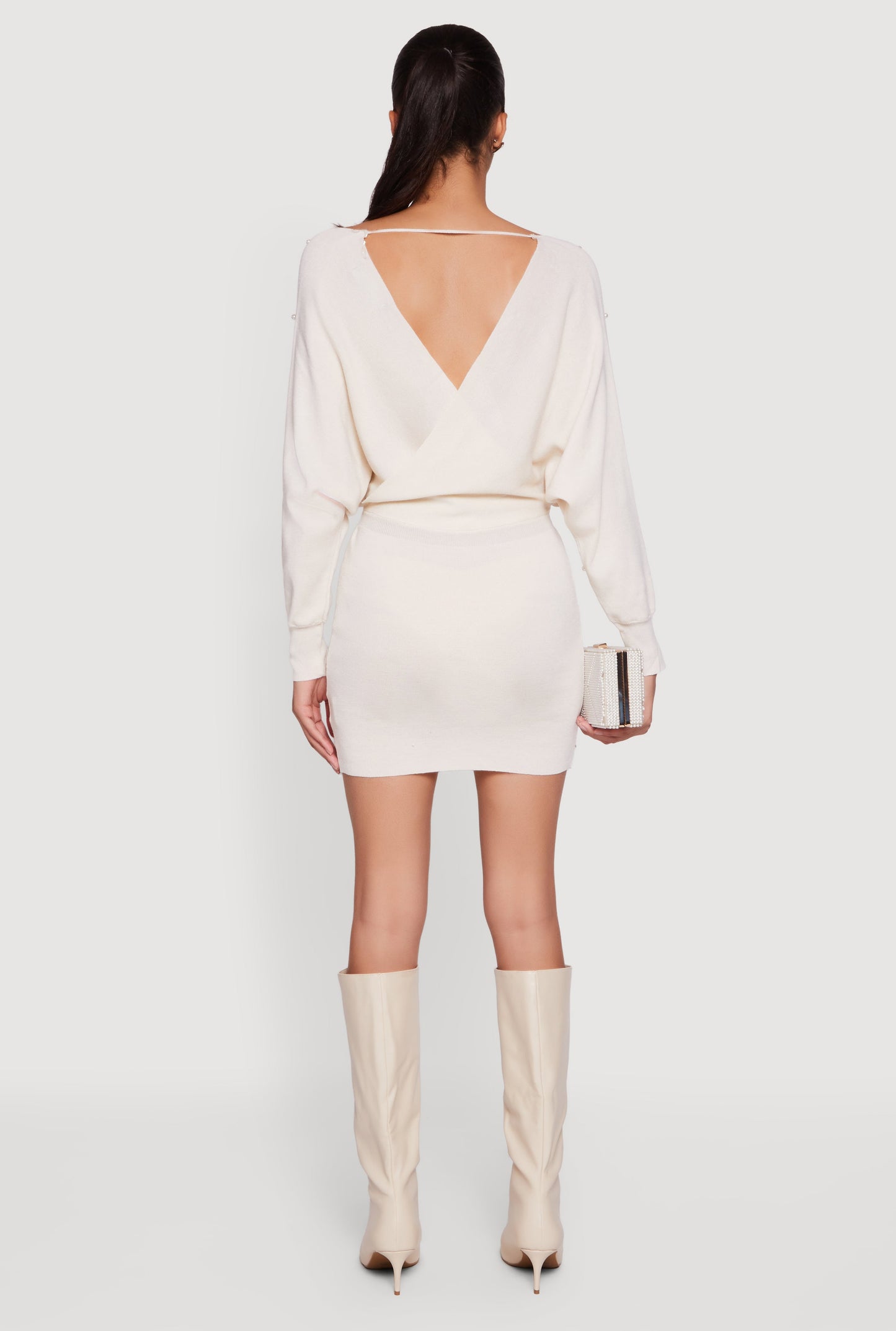 Faux Pearl Studded Faux Wrap Sweater Dress