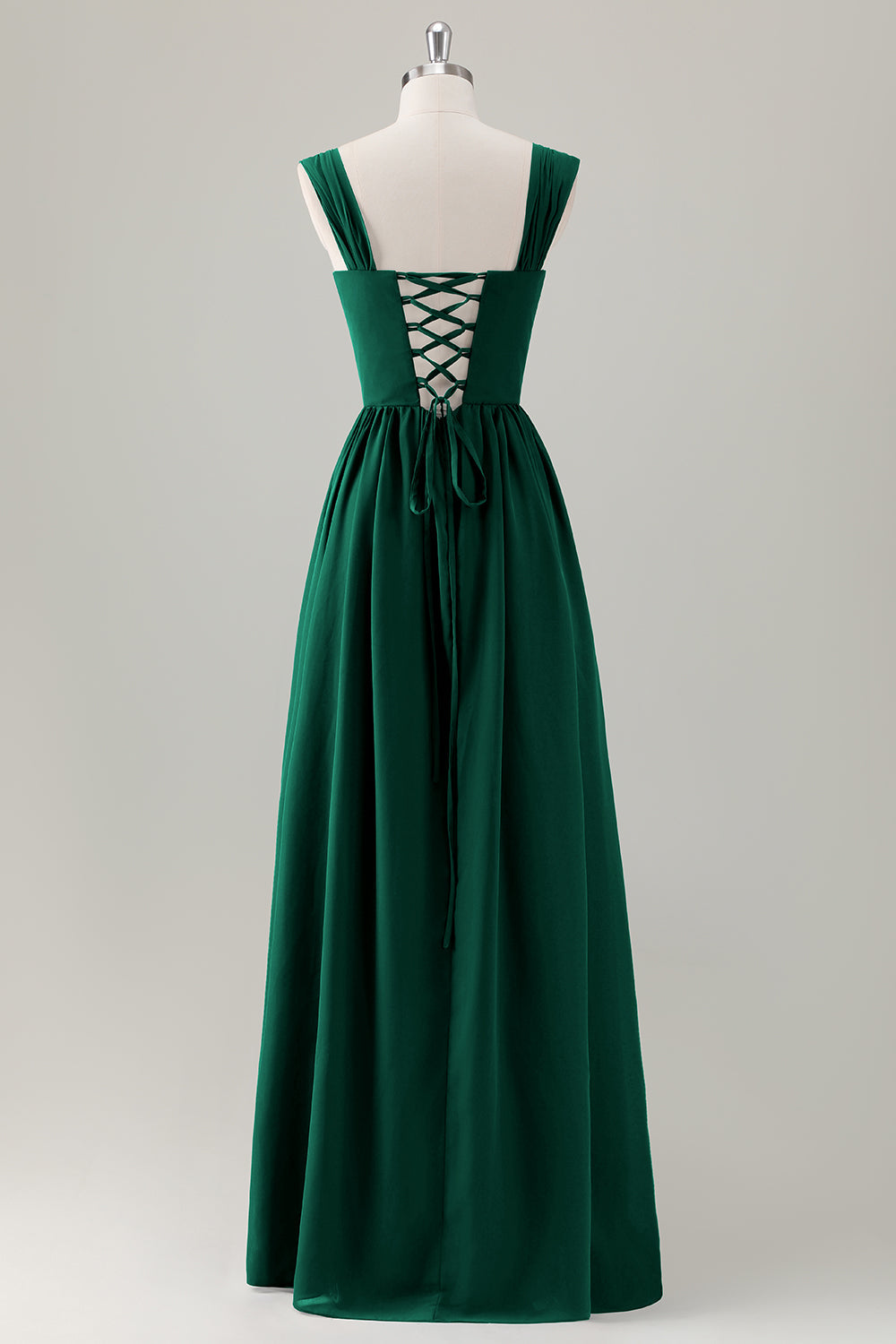 Champagne Corset A-Line Square Neck Long Bridesmaid Dress with Lace Up Back