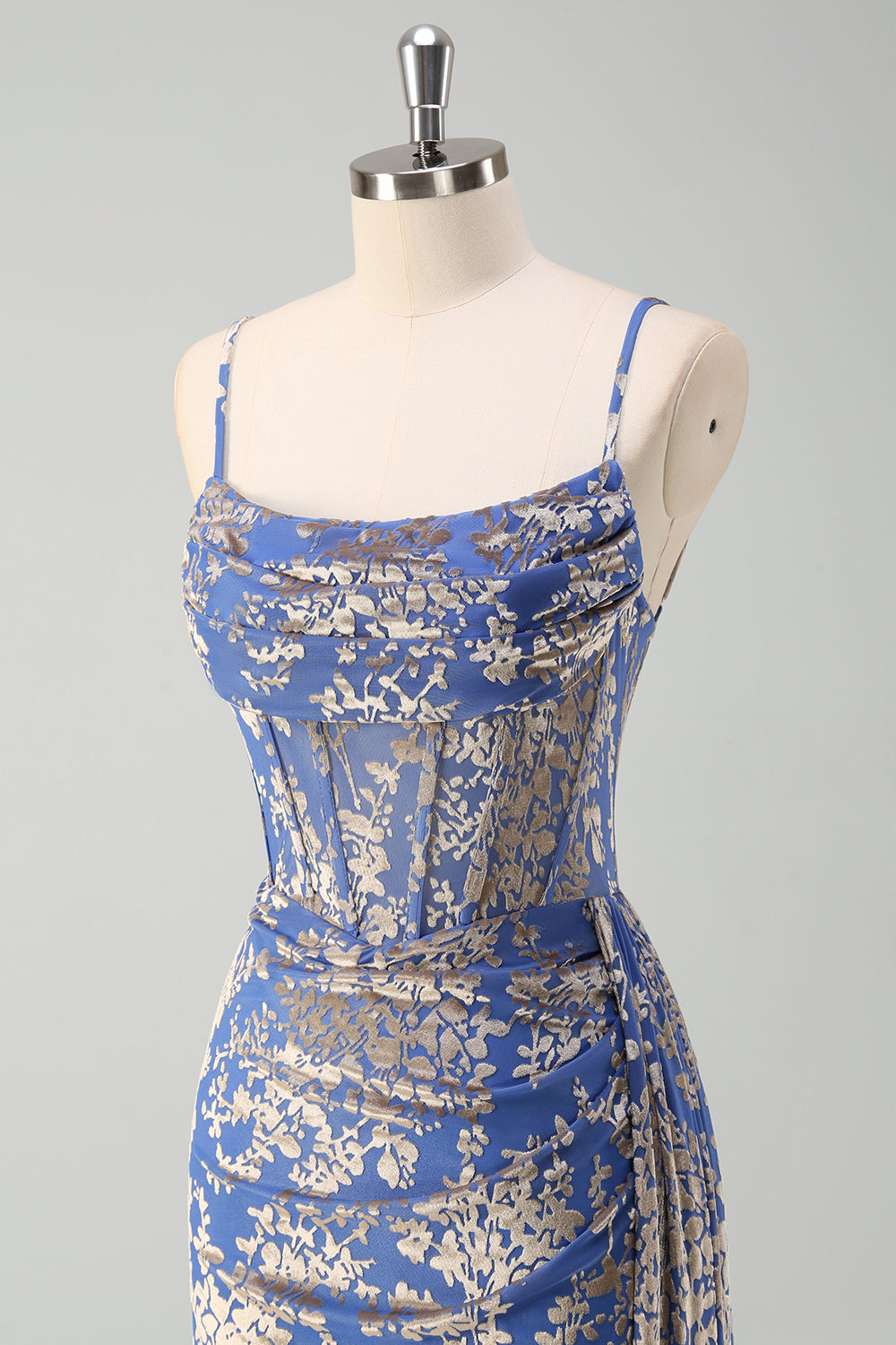 Burnt Out Velvet Blue Spaghetti Straps Corset Bridesmaid Dress With Slit