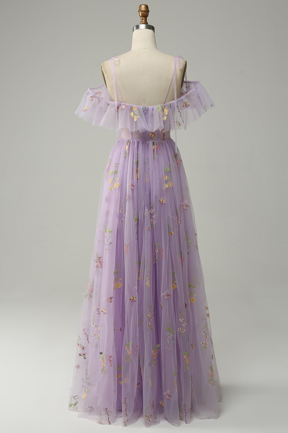 Lavender Floral Ruffles Tulle A-line Long Prom Dress