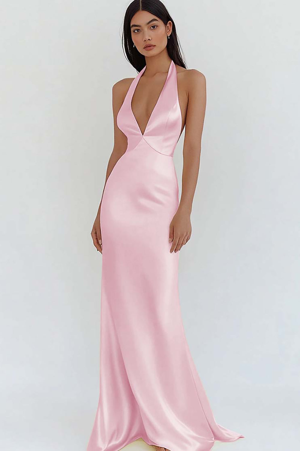 Daffodil Satin Sheath Halter V-Neck Long Prom Dress