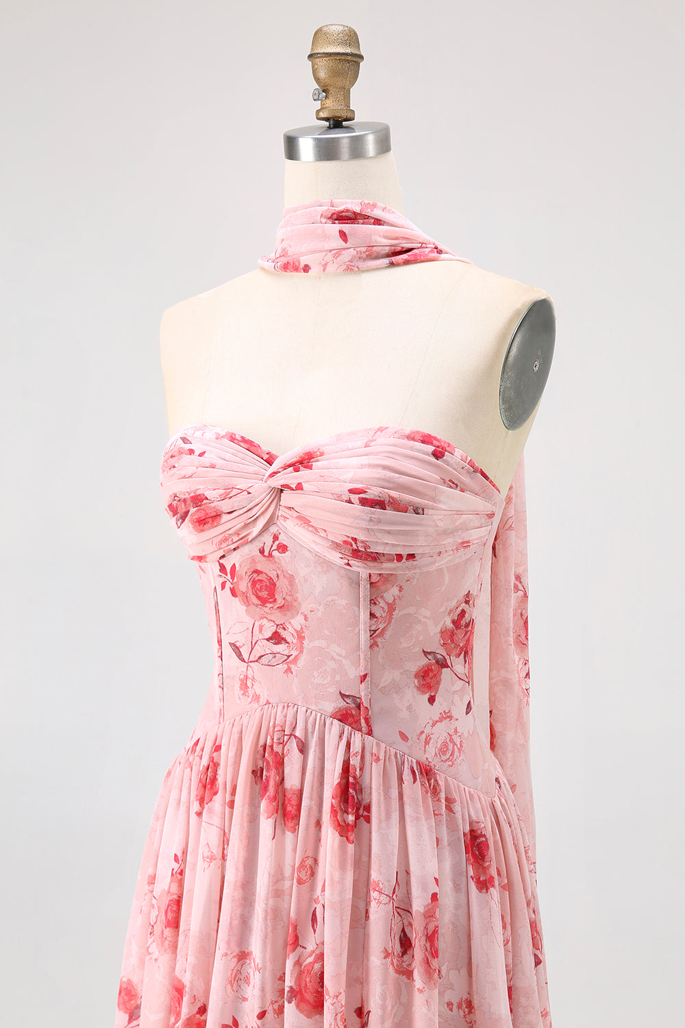 Blue Corset Floral Neck Scarf Long Wedding Guest Dress with Slit