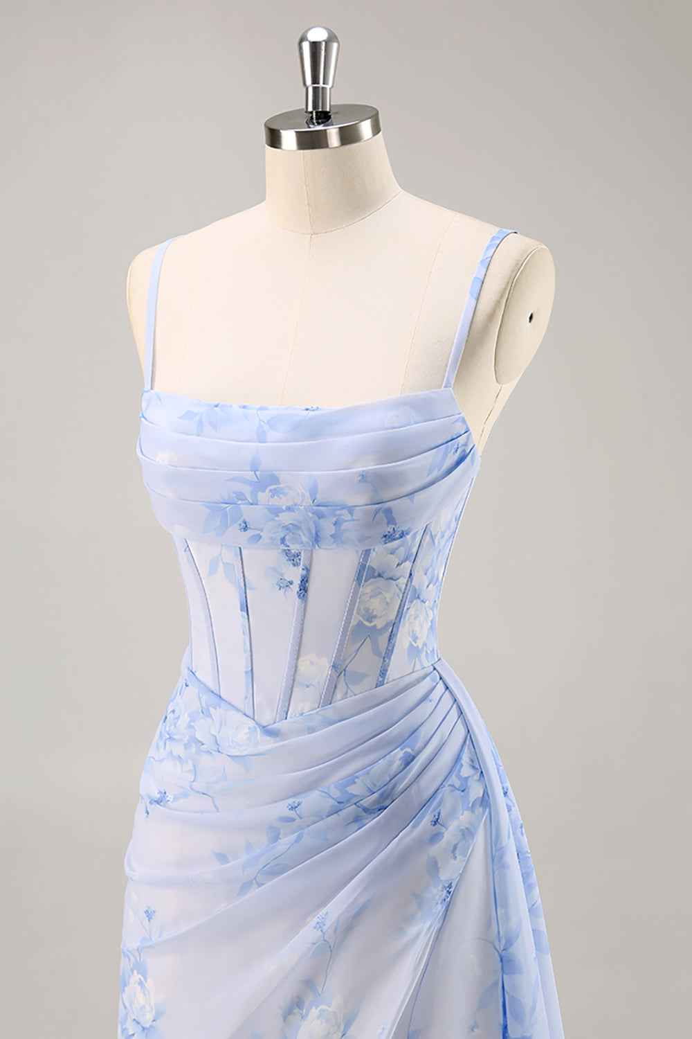 Blue Floral Ruched Corset Long Bridesmaid Dress with Slit