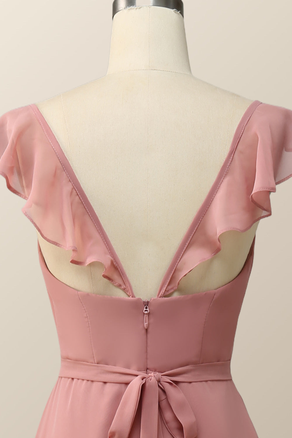 Blush Pink Ruffled Flare Sleeve Chiffon Long Bridesmaid Dress