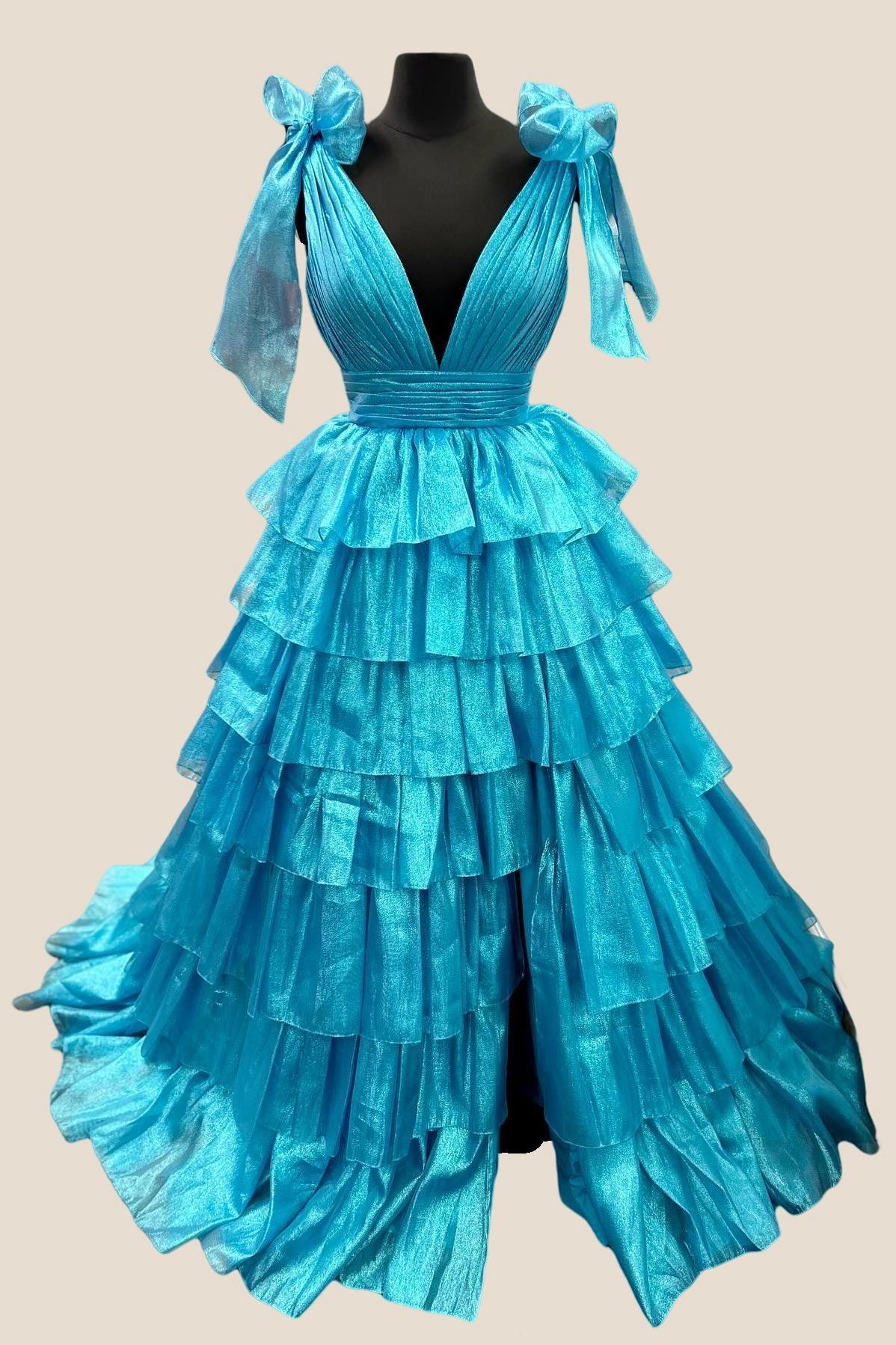 Bow Tie Pink Tiered A-line Long Dress with Slit