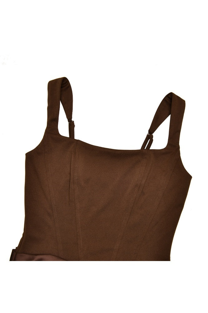 Brown Square Fitted Draped Long Dress