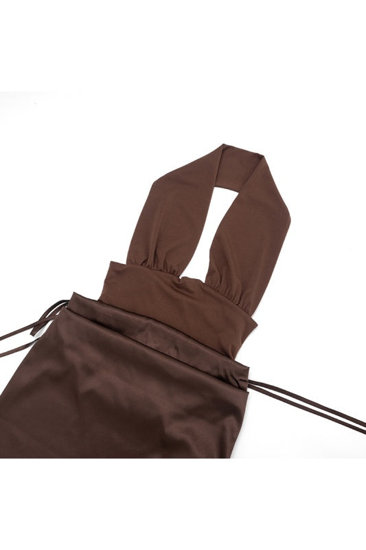 Brown Halter Draped Satin Dress