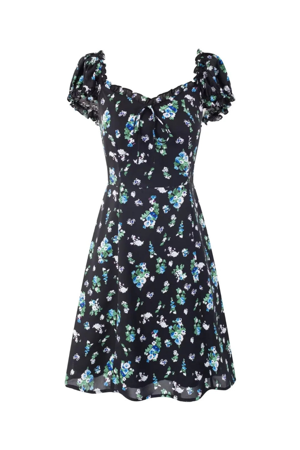 Blue Floral Puff Sleeves Bow Long Dress