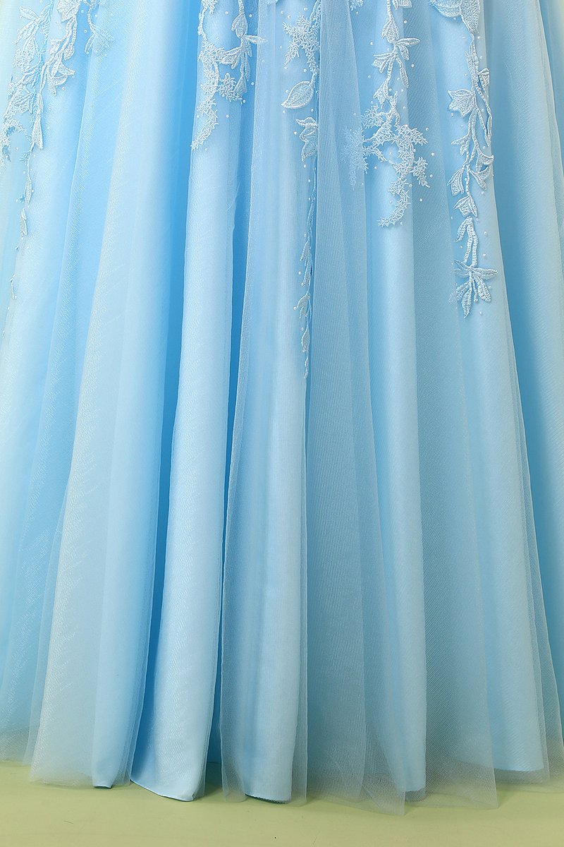 Blue Lace Appliques A-line Long Formal Dress