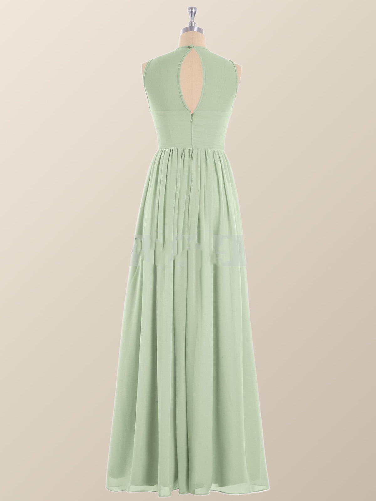 Jewel Neck Sage Green Chiffon Long Bridesmaid Dress