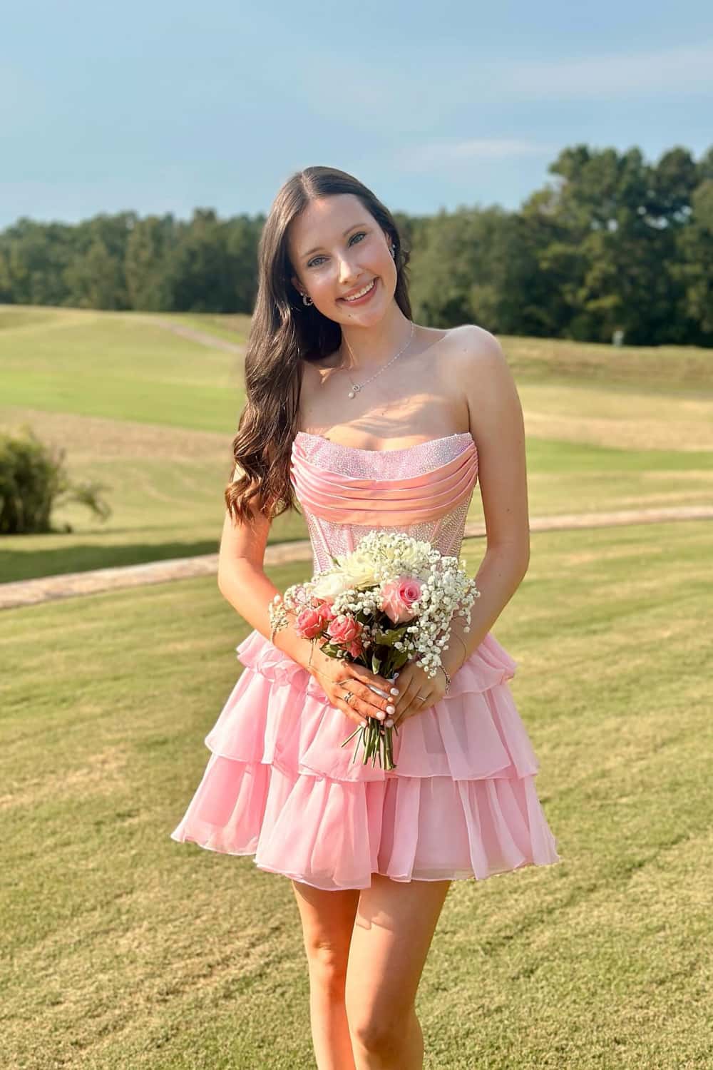 Light Blue Beaded Short Ruffle A-line Dress