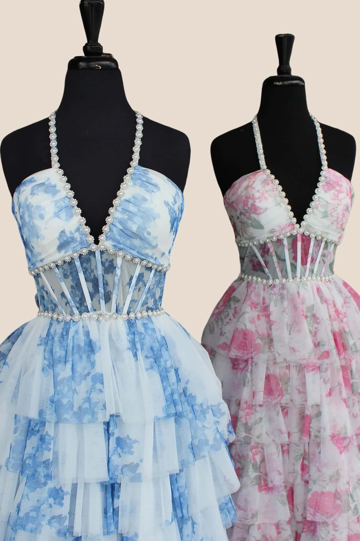 Halter Blue Floral Print Tiered Long Dress with Pearls