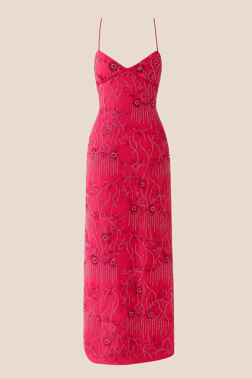 Pink Beaded Straps Fitted Long Dress