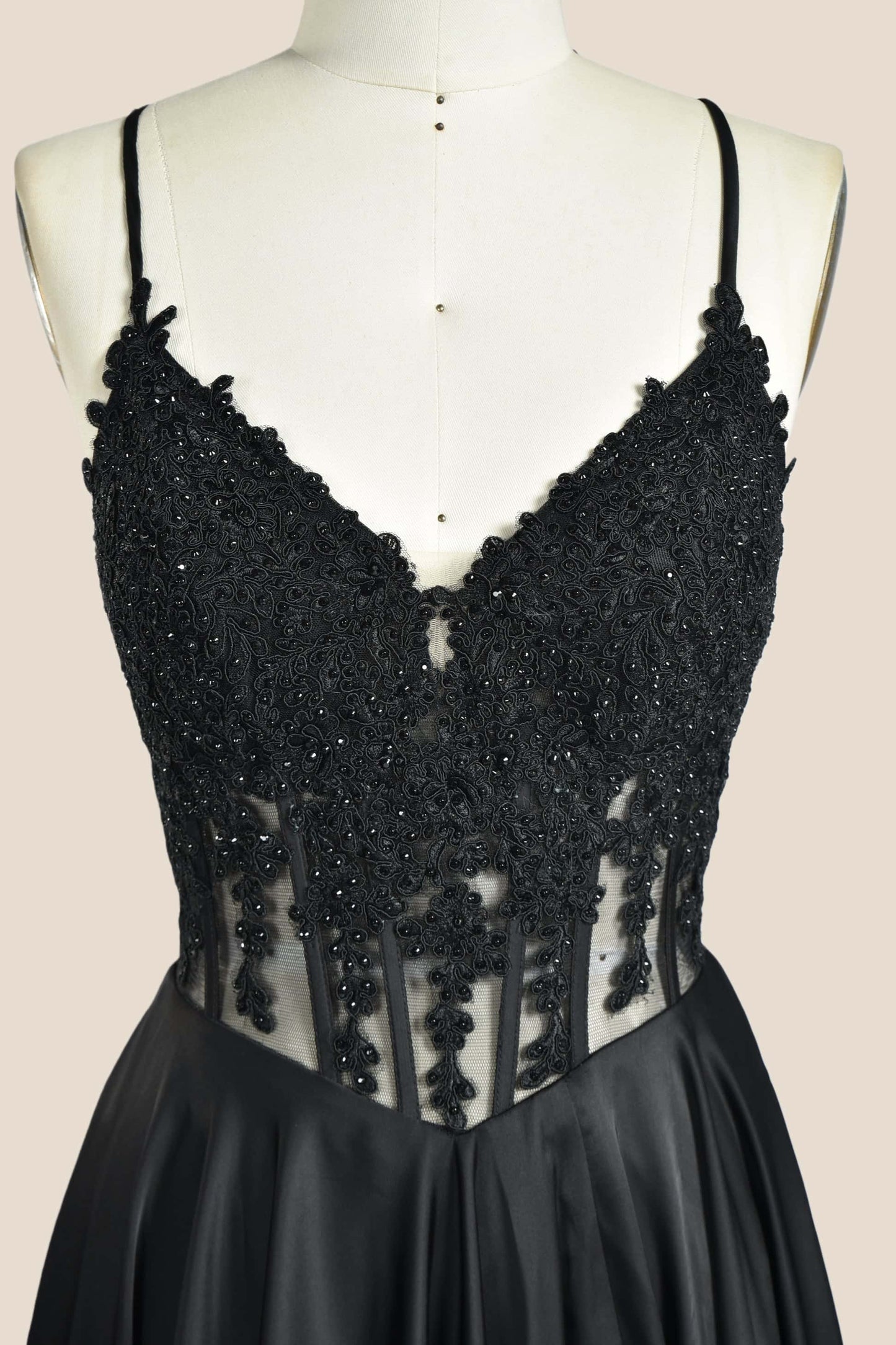 Black Appliques Satin A-line Long Formal Dress