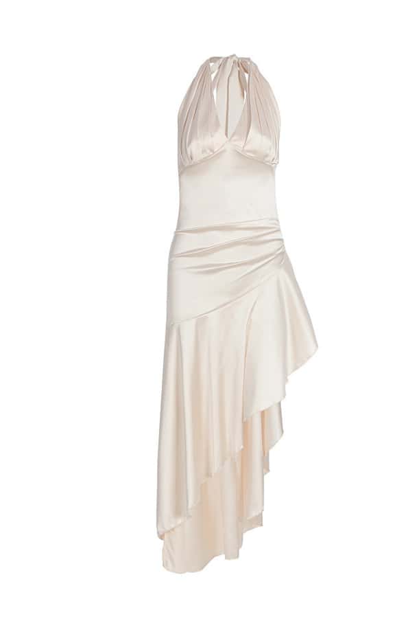 Halter Navy Blue Satin Frill Long Dress
