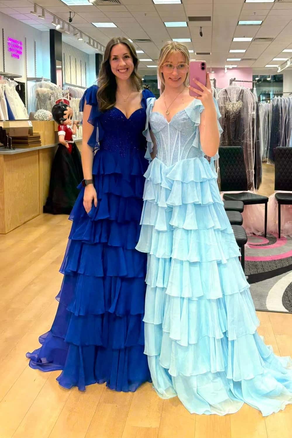 Beaded Light Blue Chiffon Ruffle Slit Prom Dress
