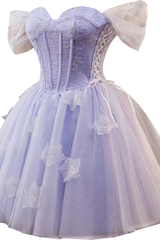 Off the Shoulder Lavender 3D Floral A-line Short Dress