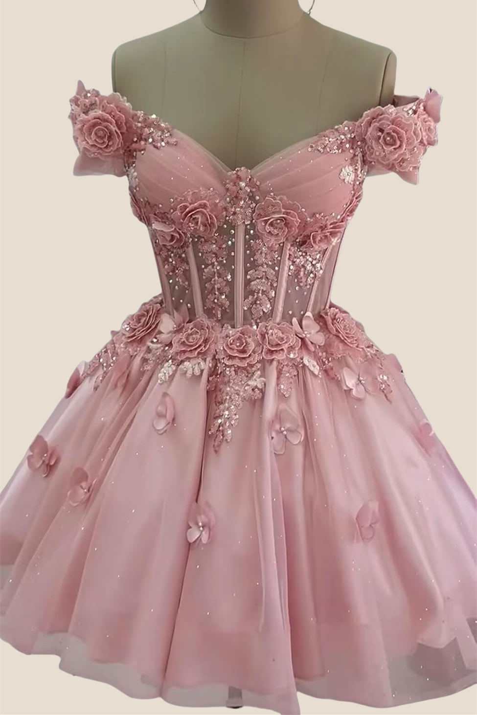 Off the Shoulder Pink 3D Floral Short Dress
