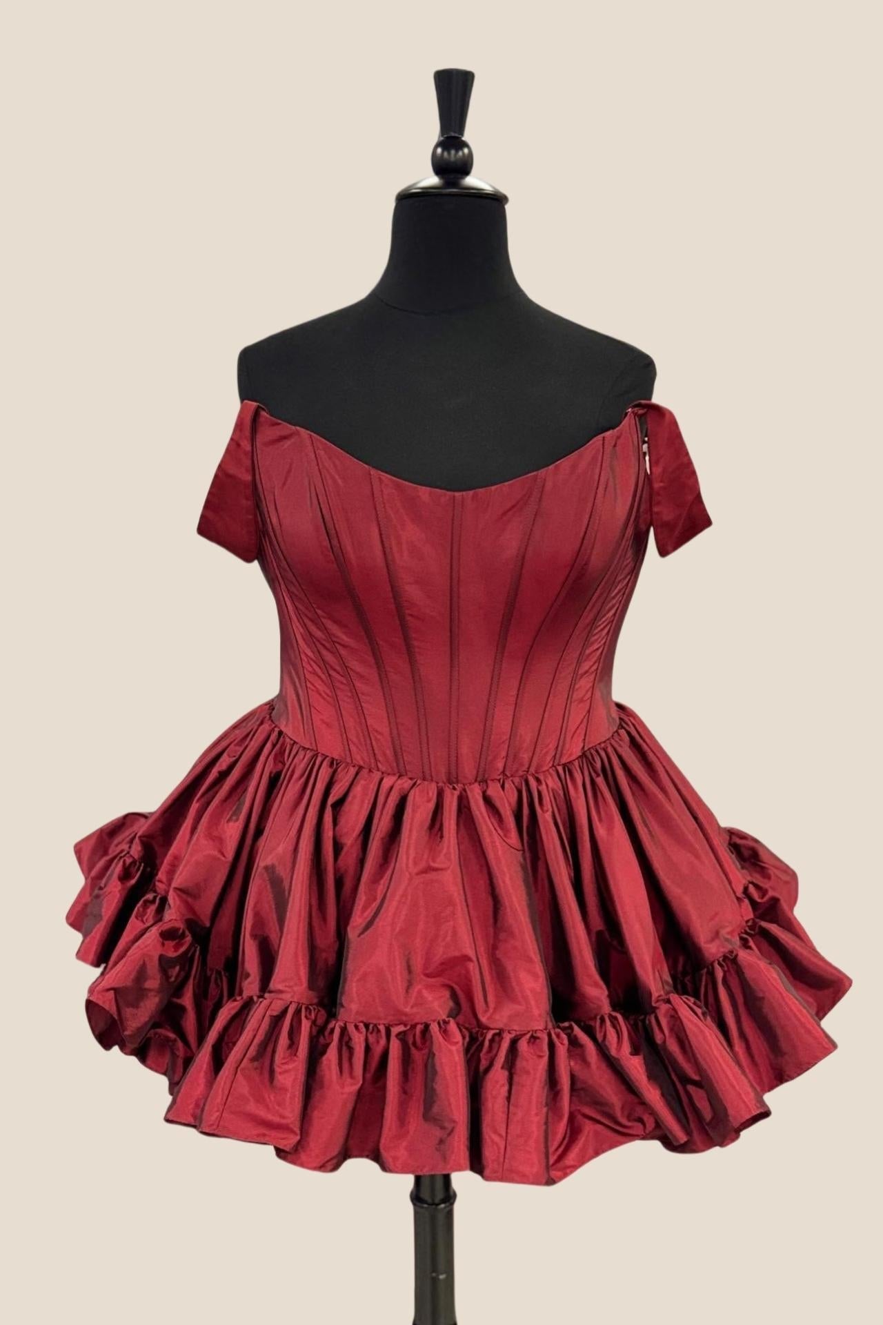 Off the Shoulder Wine Red Short Dress