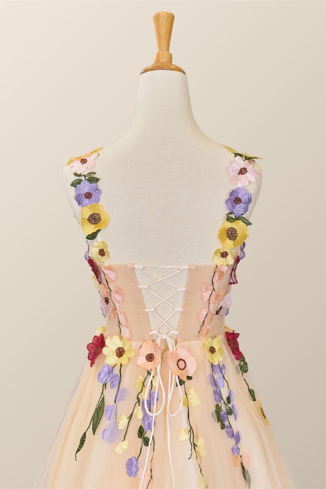 3D Floral Champagne Tulle Short Dress