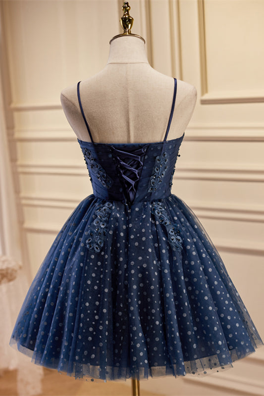 Navy Blue Straps Polk Dots Short A-line Party Dress