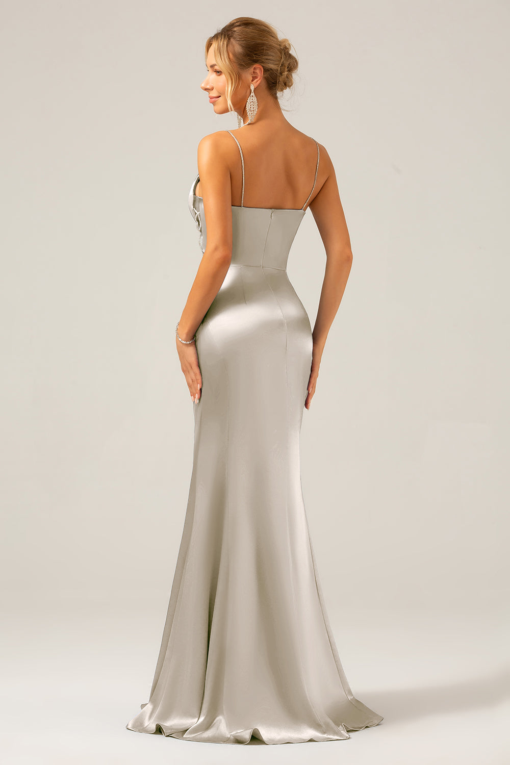 Mermaid Grey Blue Satin Spaghetti Straps Pleated Maxi Dress