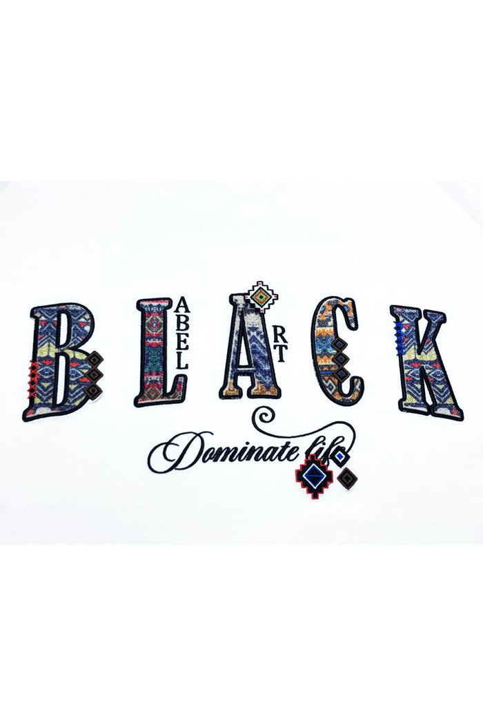 White Black Label Dominate T-Shirt with black graphic print, short sleeve casual tee for men.