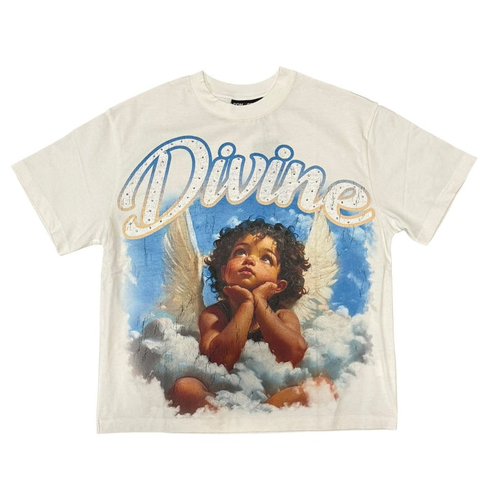 White Concept LA Divine 2 T-Shirt, casual cotton tee with logo design, displayed on a hanger against a plain background.