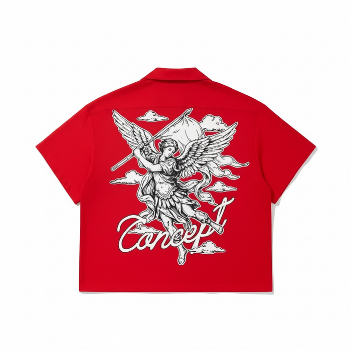 Concept LA 'Freedom' red nylon button-up shirt, casual men's fashion, shown with front view and button details.