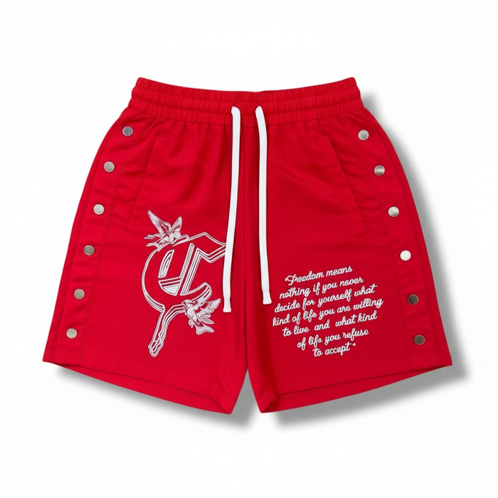 Red Concept LA 'Freedom' nylon shorts displayed on a person, showcasing a sporty and stylish design.