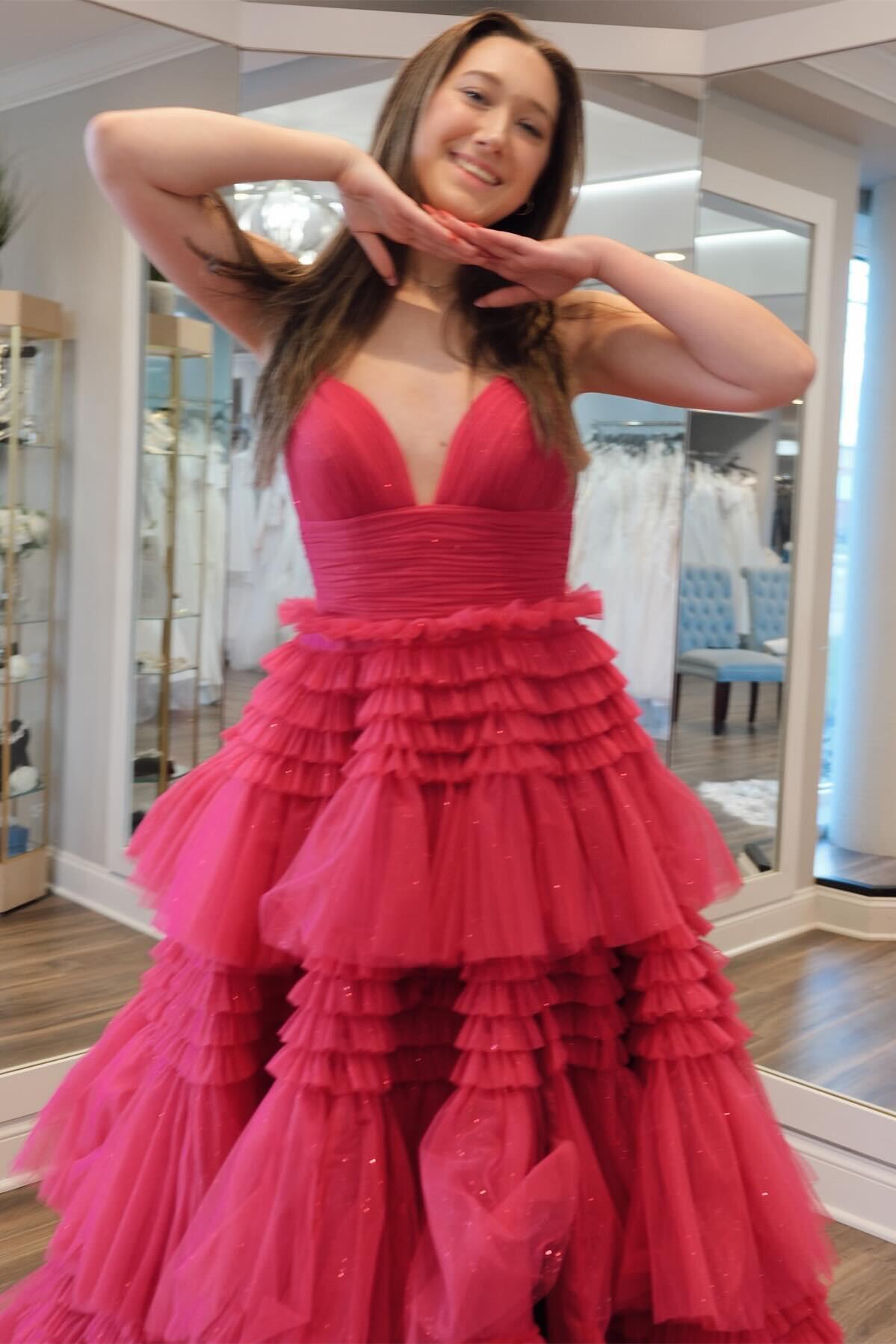 Light Blue Tiered Ruffle Long Ball Gown with Straps