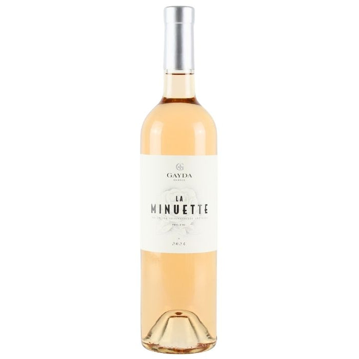 Bottle of Domaine Gayda La Minuette Rosé 2024 wine with a pale pink label and clear bottle showing the light pink hue of the wine.
