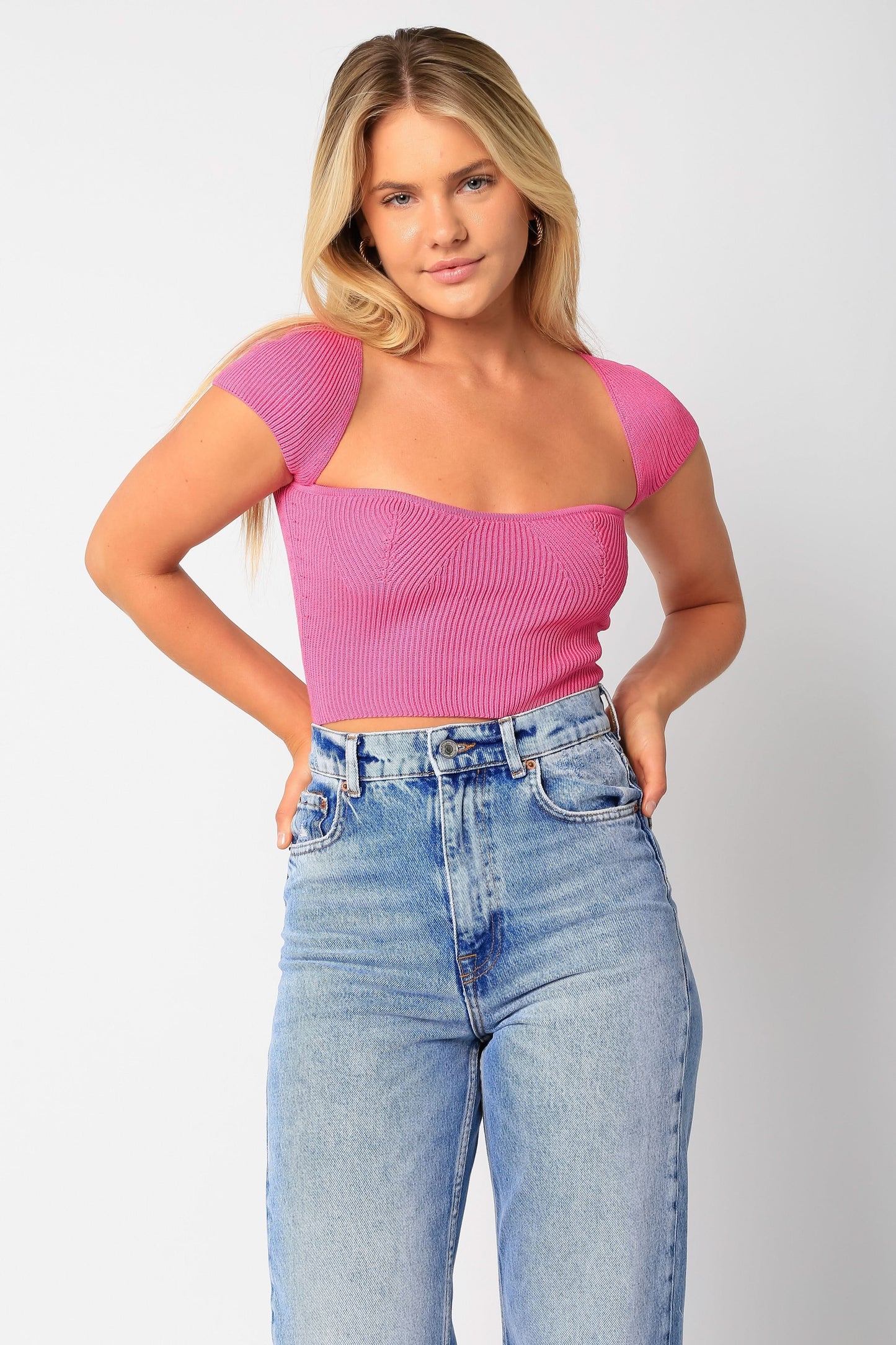 Emma Fuchsia Cap Sleeve Sweater Crop Top