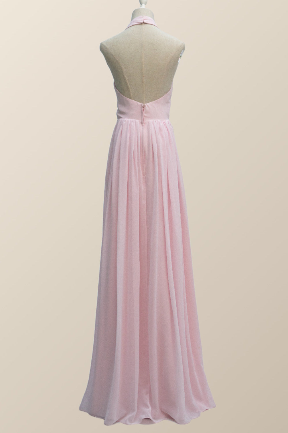 Halter Pink Chiffon A-line Long Bridesmaid Dress