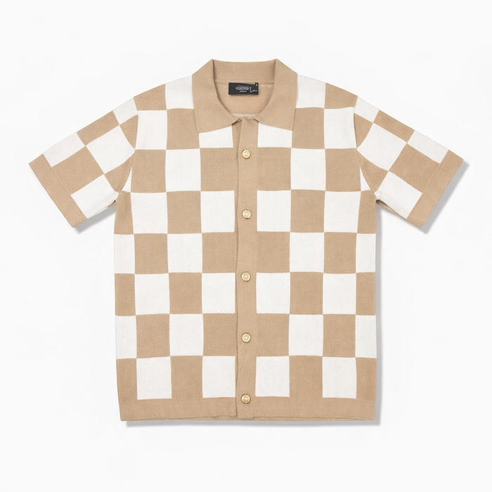 George V knitted beige and white tee, casual men's T-shirt with textured fabric, styled for everyday wear.
