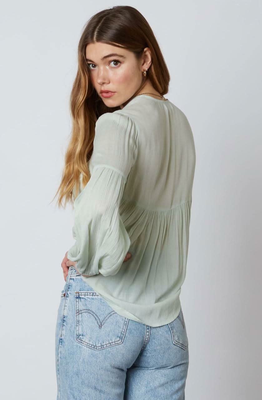 Gia Sage Long Sleeve Tie-Front Crop Top