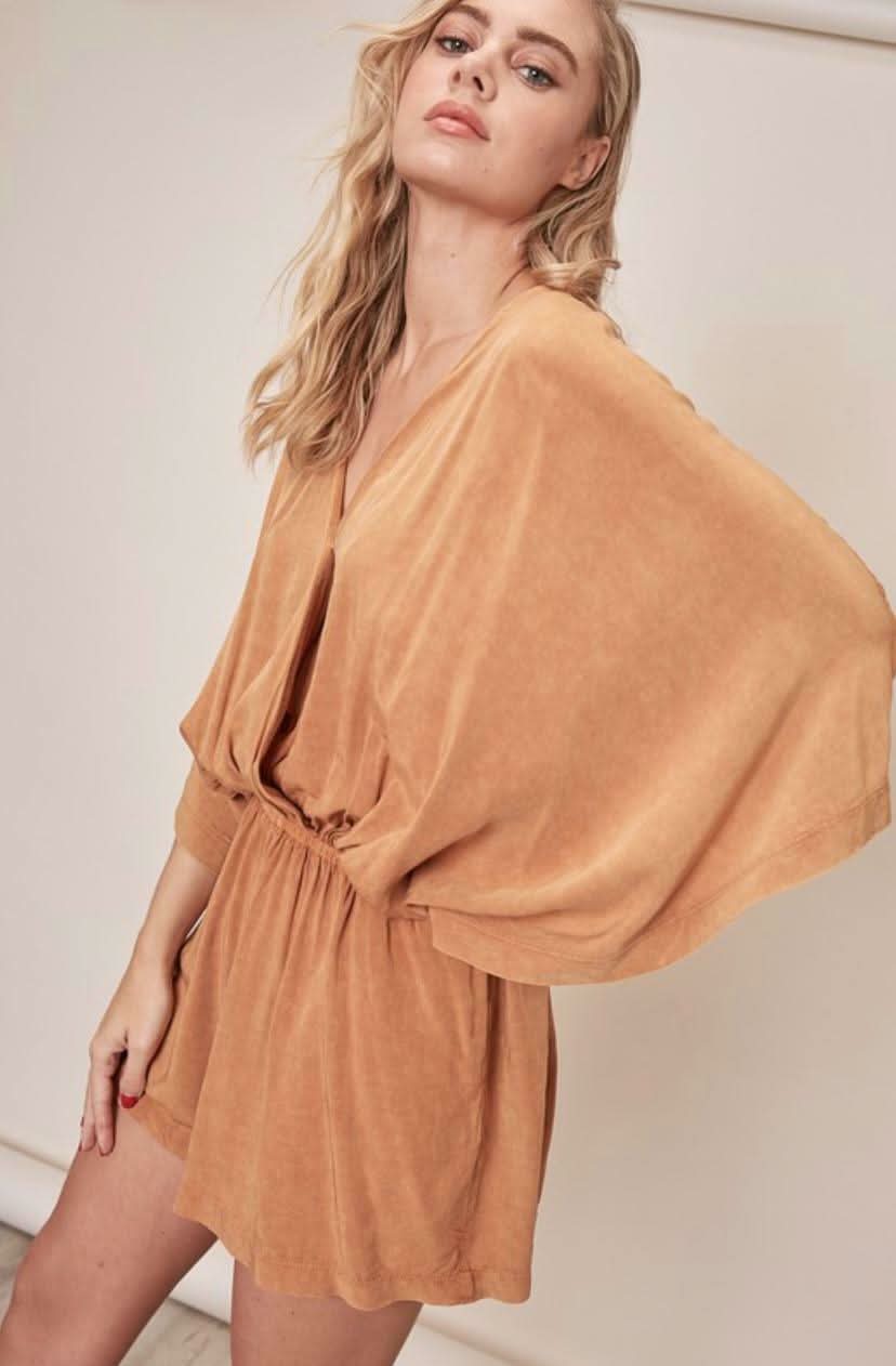 Dana Mustard Tie-Dye Dolman Sleeve Surplice Romper