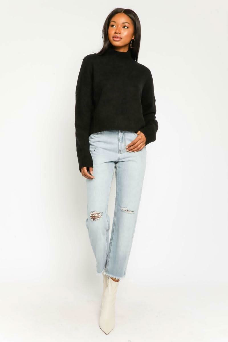 Helane Black Cropped Mock Neck Sweater