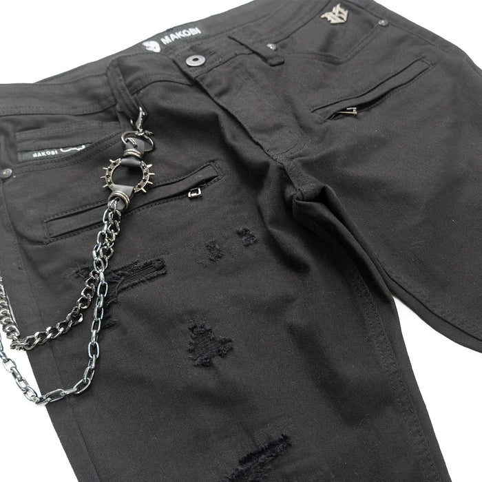 Makobi Adorni black denim jeans, front view showing slim fit design and classic five-pocket style.