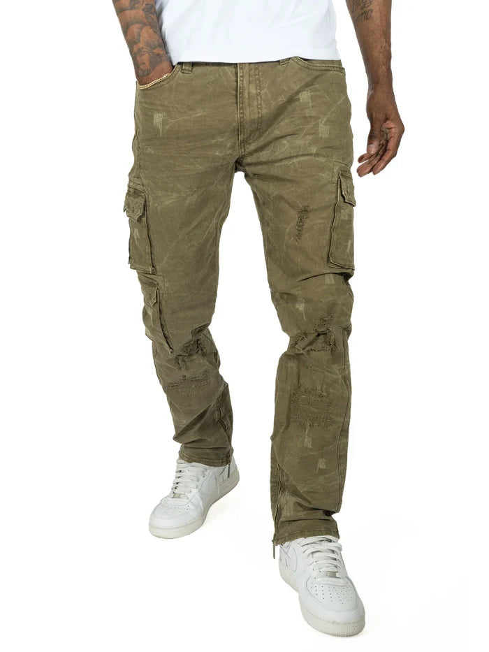 Makobi Berteli olive cargo denim pants with multiple pockets and relaxed fit, displayed on a neutral background.