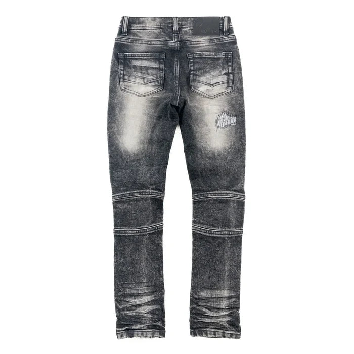 Makobi Kids Rick Biker washed black denim jeans for kids, featuring a stylish distressed design and classic five-pocket style.