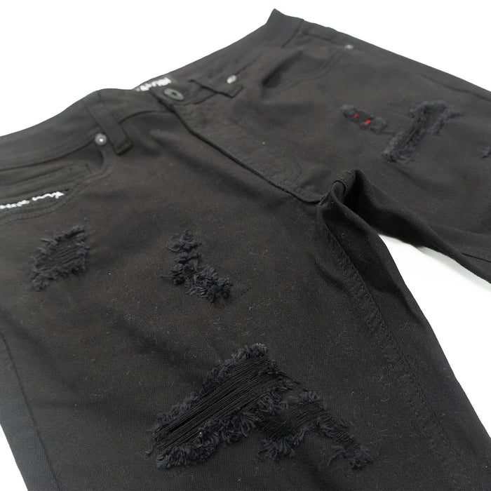 Makobi Modena black denim jeans with red stitching, slim fit style, front pockets, and belt loops, displayed on a plain background.