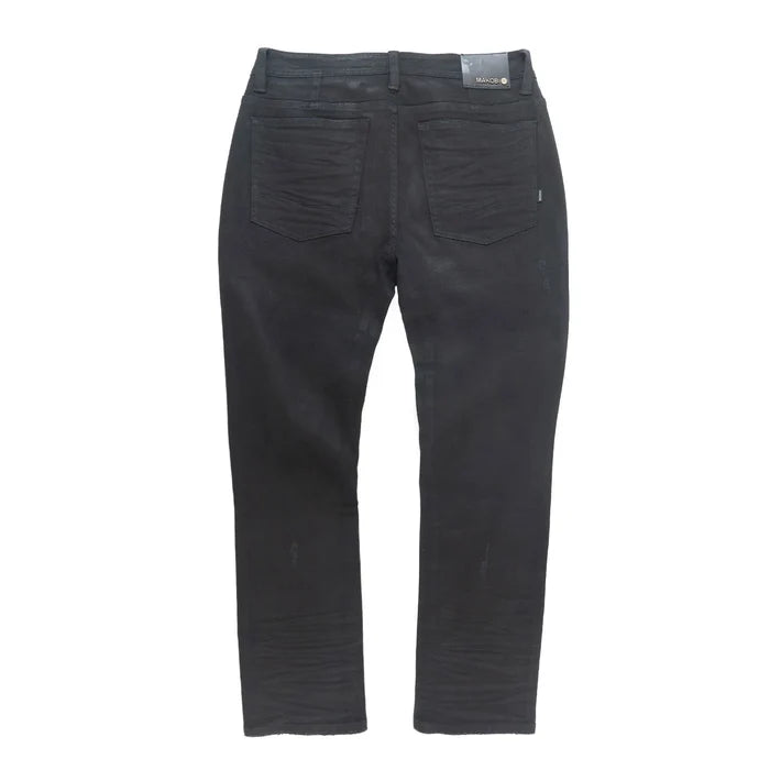 Makobi Waxed Denim jeans in black, showing the durable, textured fabric and classic straight-leg fit.