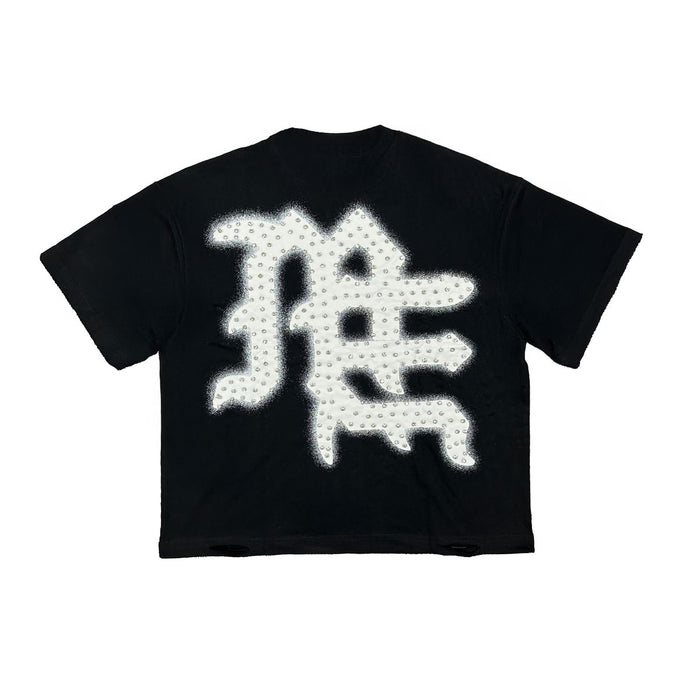 Black Mixed Emotion 'End' S/S rhinestone shirt with short sleeves, featuring mixed emotion-themed embellishments and stylish design.