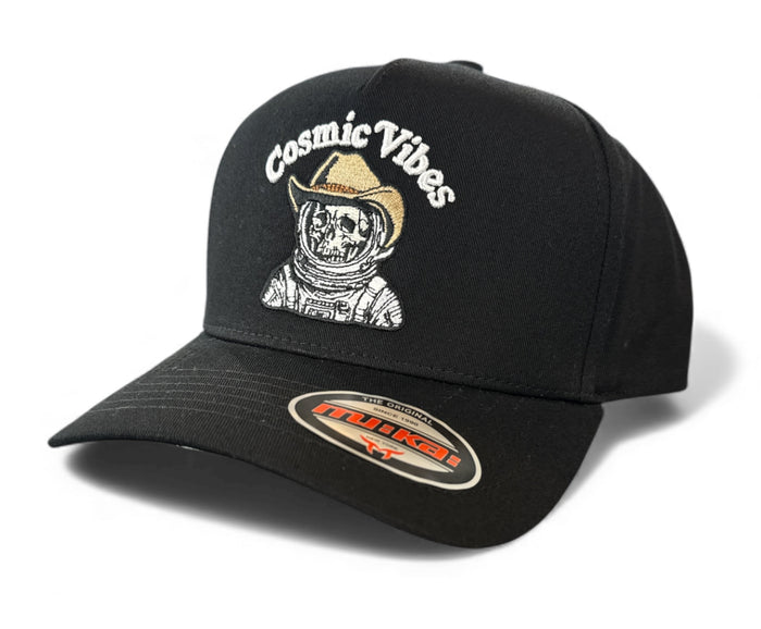 Black MUKA Cosmic Vibes snapback hat showing a flat brim, embroidered cosmic design, and adjustable strap.