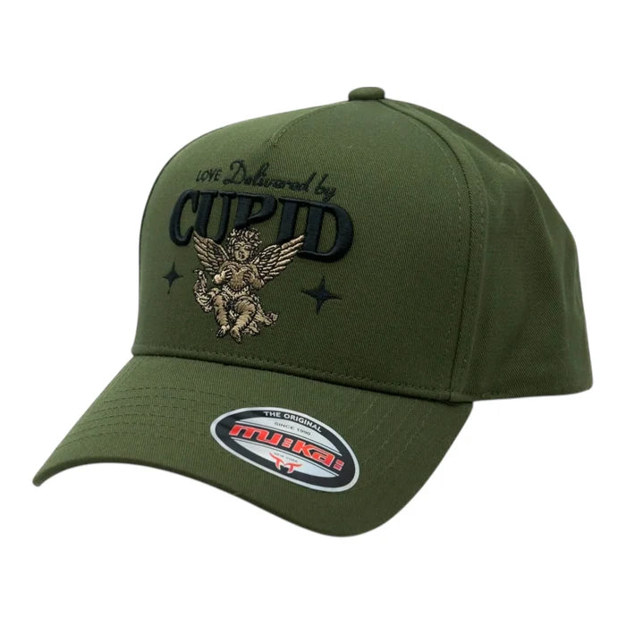 Olive MUKA Cupid snapback hat with adjustable strap, featuring a sleek design and embroidered branding, accessory for casual style.