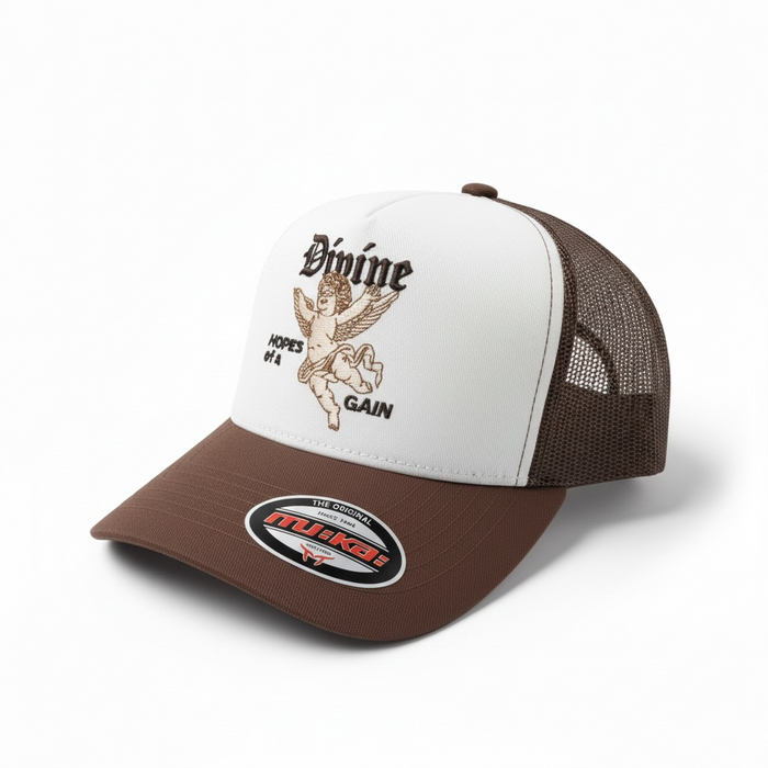 White and brown MUKA Divine trucker hat featuring mesh panels and adjustable snapback closure.