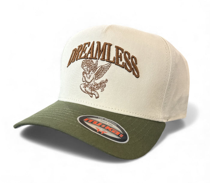MUKA Dreamless Angel snapback hat in ivory and olive colors, stylish accessory with adjustable strap and embroidered logo.